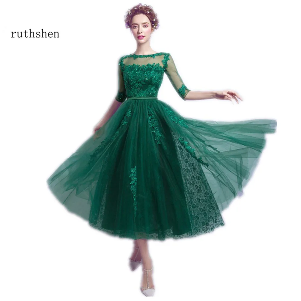 

ruthshen Emerald Green Prom Dresses 2023 Cheap Half Sleeves Lace Appliques Beaded Tea Length Formal Cocktail Party Dress