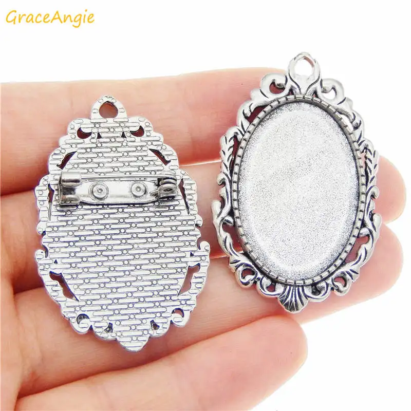 GraceAngie 2 sets Antiqued Silver Color Brooch Base+Glass Oval Cabochon Vintage Brooch Pin Accessory DIY Jewelry Findings