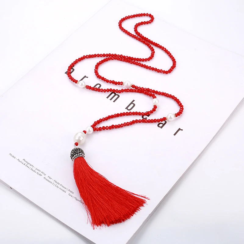 Fashion Tassel Long Necklace For Women Crystal Beads Baroque Pearl Vintage Necklaces Handmade White Blue Red Fringe Necklace