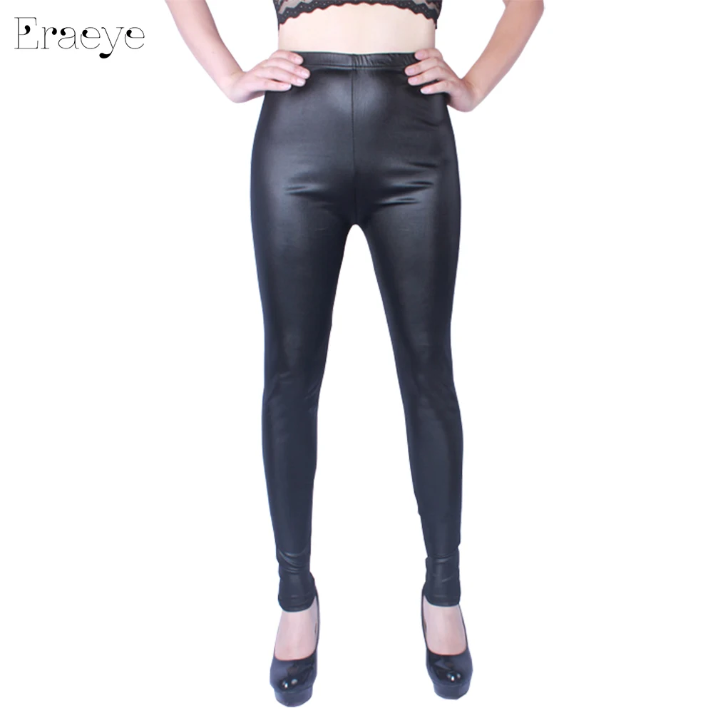 ERAEYE kobiety wysokie elastyczne cienkie Faux skórzane legginsy duże rozmiary Xl-5XL imitacja skóry spodnie Skinny błyszczące czarne z połyskiem legginsy