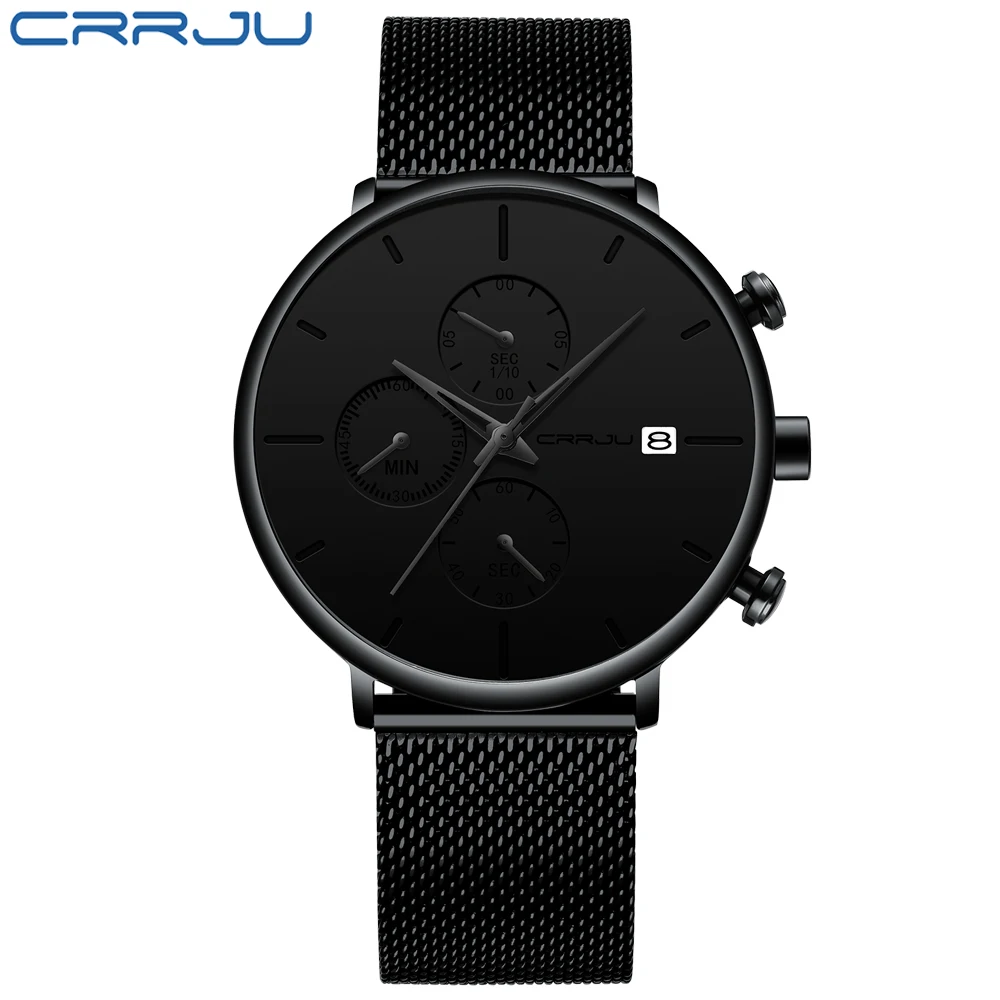 Men Watch CRRJU Watches New Sport Military Top Brand Luxury Black Steel Strap Wristwatch Relogio Masculino montre homme