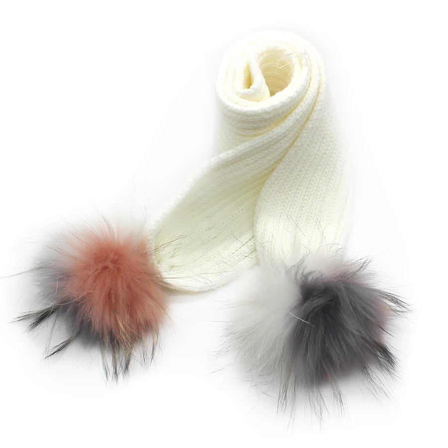 Children Real Fur Pompom Scarves Warm Winter Scarfs for Kids