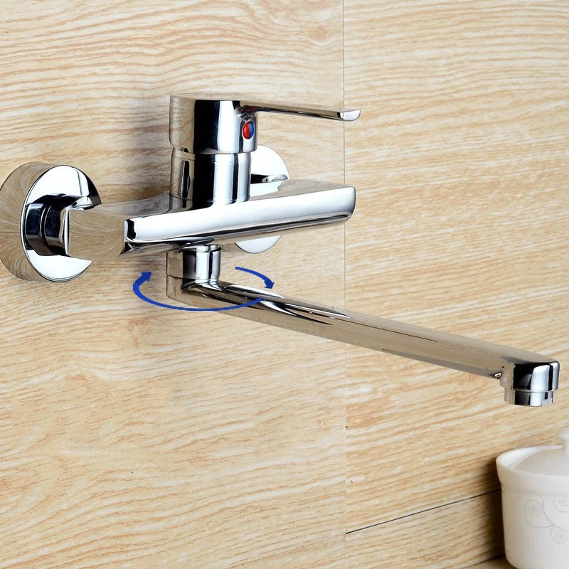 Wall Mounted Kitchen Faucet 360 Degree Rotation Basin Faucet Cold Hot Water Mixer Tap Mop Pool Tap Swivel Spout Single Handle