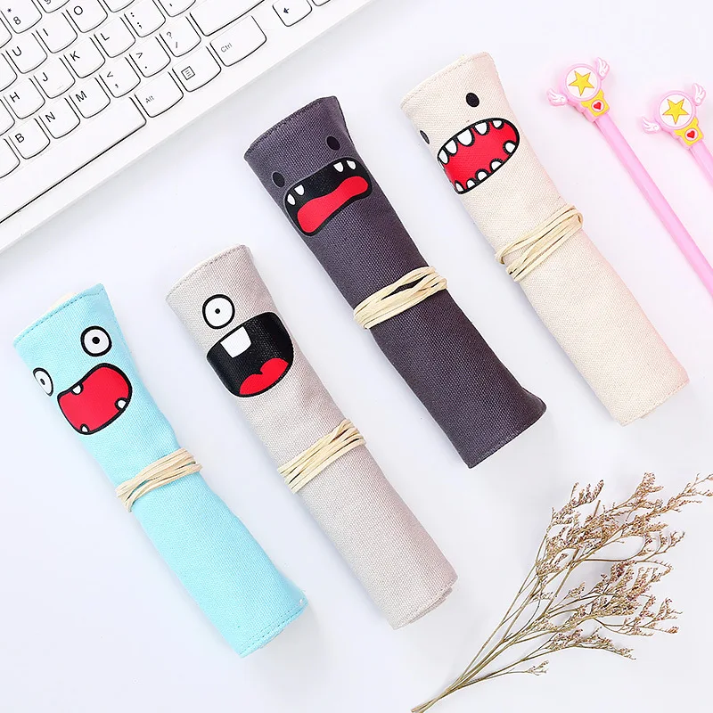 Creative Personality Kawaii Roll Pencil Case Canvas Curtain Dual-use Multi-function Stationery Bag