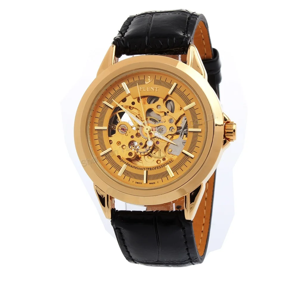 Otomatis Self-winding Skeleton Jam Tangan Tali Kulit Berongga Engraving Analog Wrist watch untuk Pria