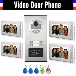 4 Units Apartment Intercom System Video Intercom Video Door Phone Kit HD Camera 7 Inch Monitor with RFID keyfobs for 4 Household