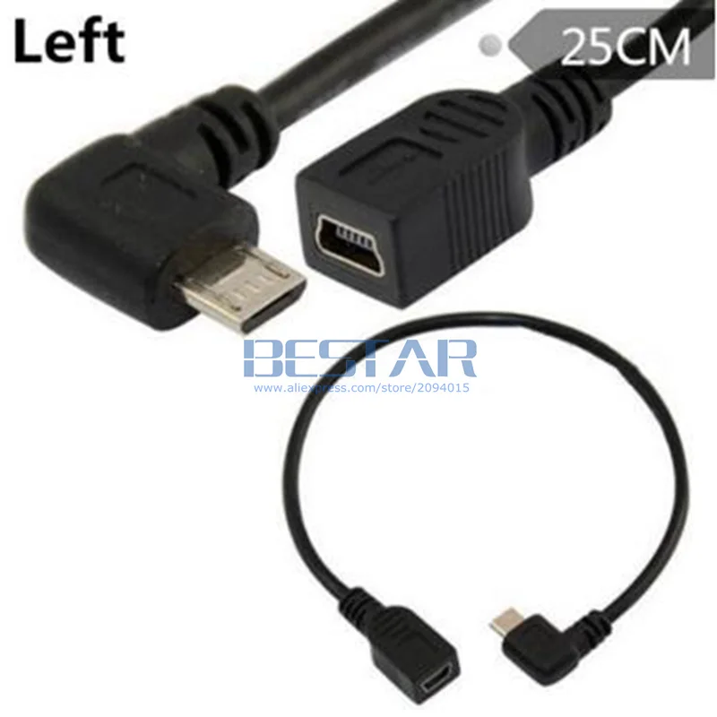 25cm usb 2.0 micro macho para baixo & para cima & esquerda & direita angular para mini usb 5pin fêmea otg cabo de cabo de extensão de dados 0.25m micro-usb