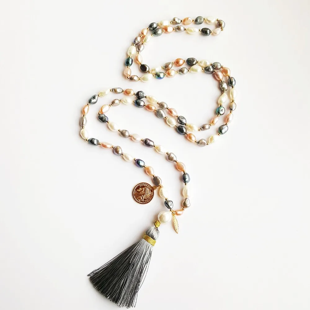 Lii Ji Real Multi Color Freshwater Pearl Beads Necklace Fashion Gold Color Coin Charm with Tassel Bohemia Long Handmade Jewelry