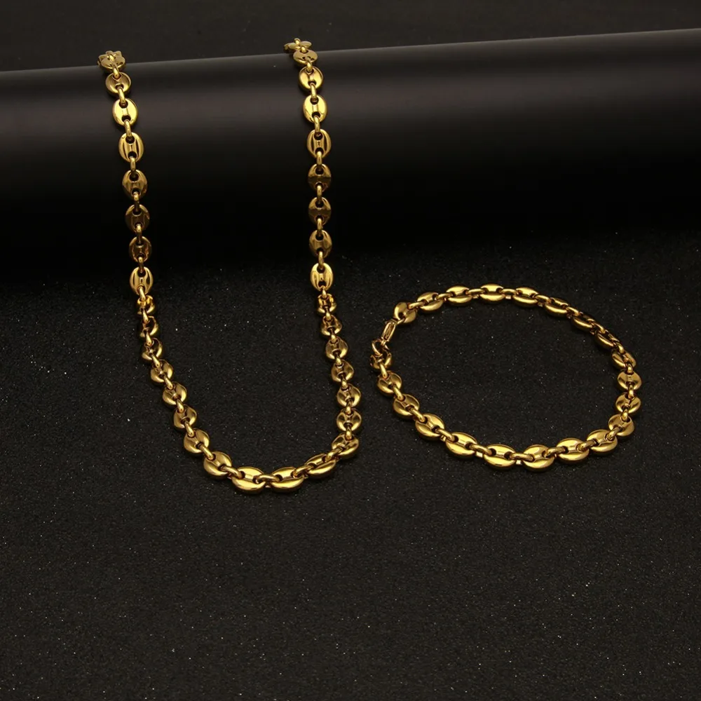 THE BLING KING 8mm Puffed Mariner Link Chain & Bracelet Set Gold silver color Hip Hop Punk Jewelry For Men 22.5cm and 55cm