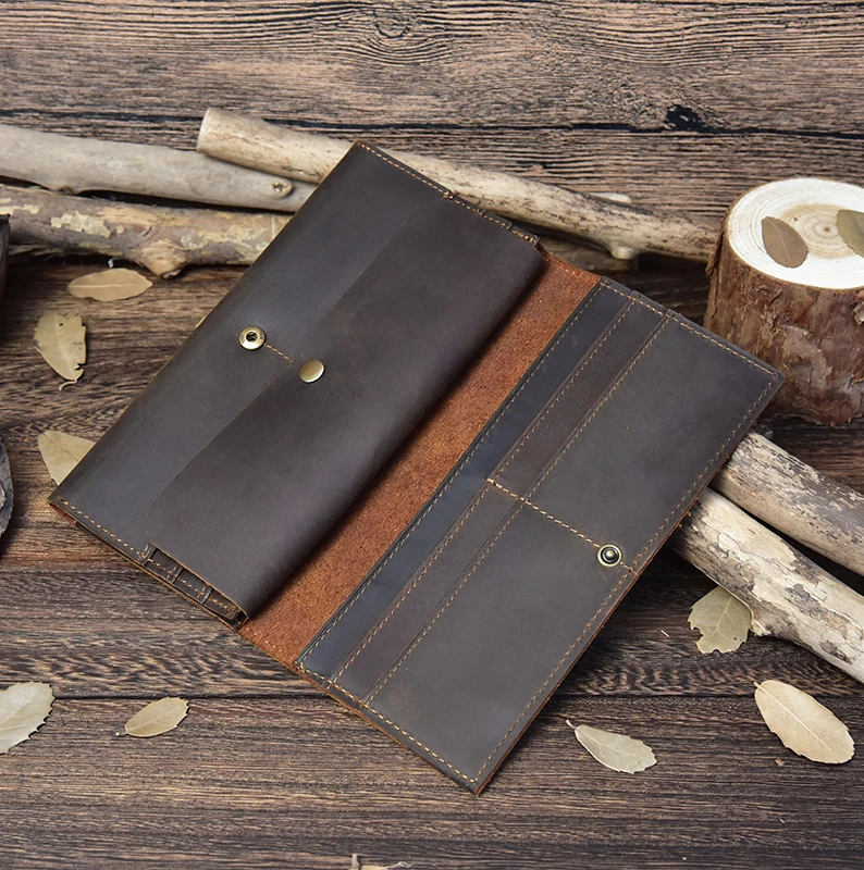 100% Guarantee Crazy Horse Leather Wallet Genuine Leather Long Wallet Men Purse Casual Wallet with big phone pocket,long wallet