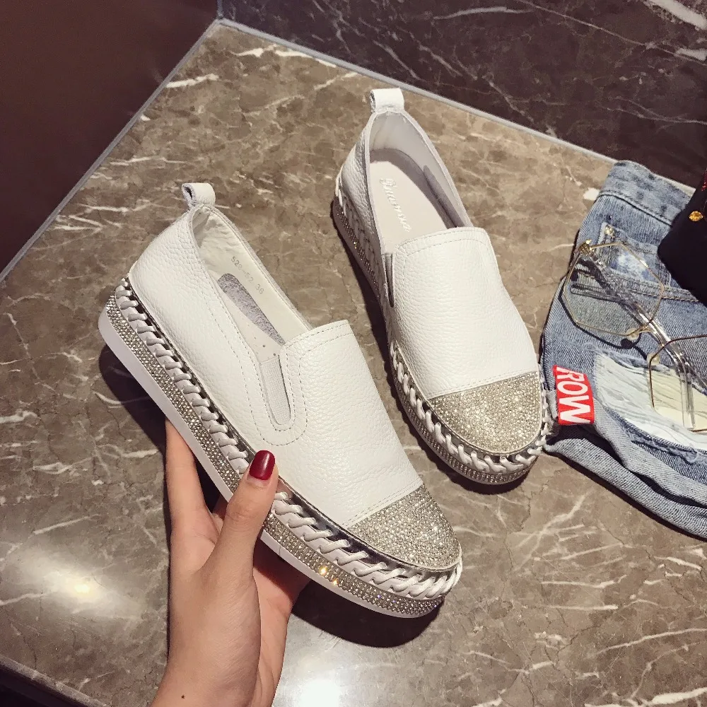 European Famous Brand Patchwork Espadrilles Shoes Woman Genuine Leather Creepers Flats Ladies Loafers White Leather Moccasins