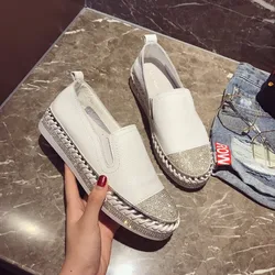 European Famous Brand Patchwork Espadrilles Shoes Woman Genuine Leather Creepers Flats Ladies Loafers White Leather Moccasins