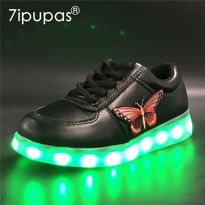 

7ipupas EUR30-44 charging children glowing sneaker China Butterfly black kids led shoe for boys girls 7 colors luminous sneakers