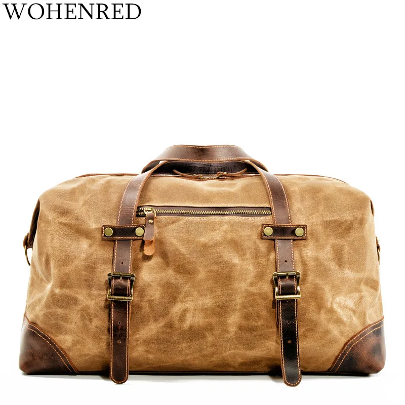 

Большая Дорожная сумка для мужчин, водонепроницаемая Холщовая Сумка для выходных из воловьей кожи, коричневая сумка на плечо для ночевки на выходные