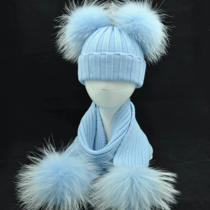 Fur Hat Scarf Set Girls Boys Autumn Thick Warm Baby Cute Children Pompon Cap Scarf Real Raccoon Fur Pompom Set Hat Scarf  Kids