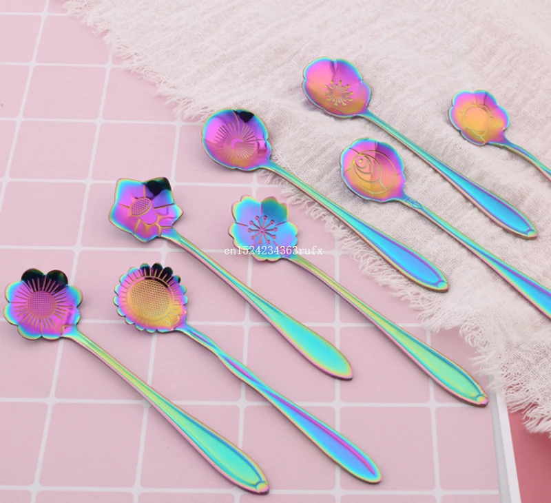 50pcs Flowers Shaped Long Handle Stirring Spoon Coffee Scoops Stainless Steel Rainbow Tableware Coffee Dessert Tool