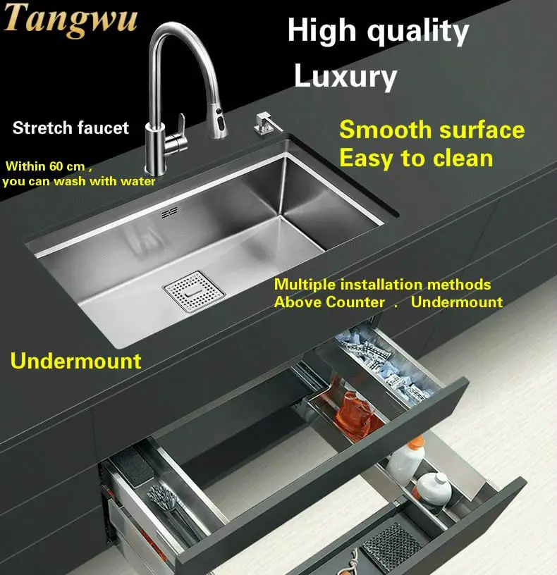 Free shipping Food grade 304 stainless steel luxury kitchen manual sink single trough mini fashion durable hot sell 680x430 MM