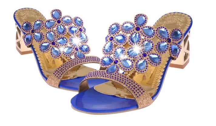 2019new Summer Open Toe Chunky Heels Women Sandals Leather Rhinestones Party Shoes Girls Crystals Casual Beach Flip Flops