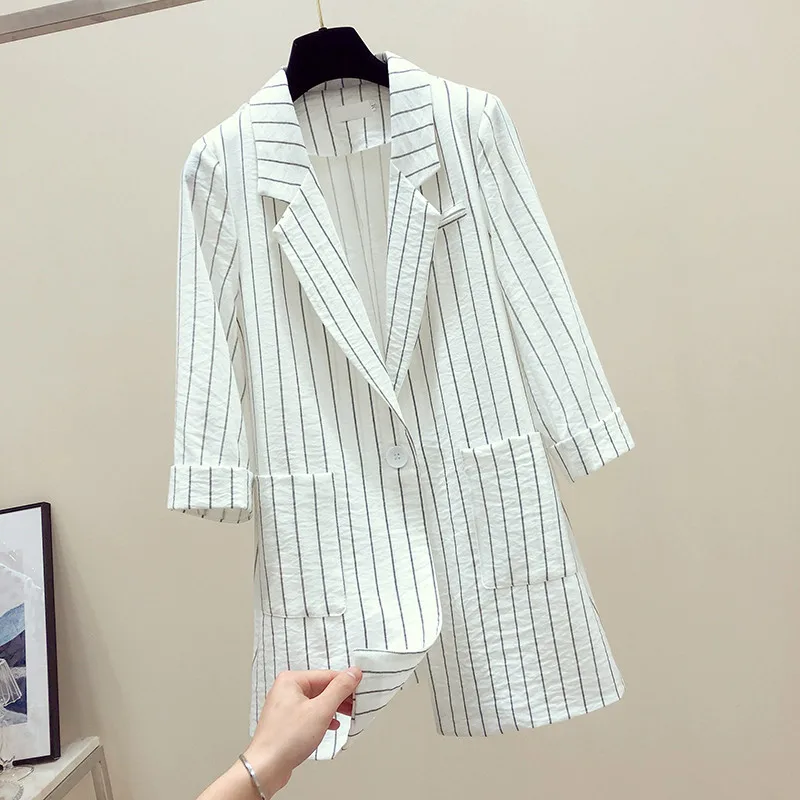 2022 Spring Autumn Women Blazers Notched Collar Stripe Suit Coat Casual Office Female Blazer Slim Outerwear 4XL R935