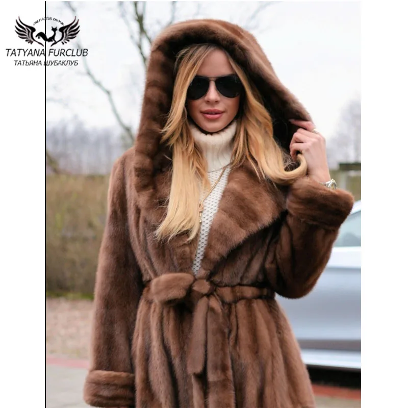 Tatyana Furclub Mink Fur Coat  X-Long Robe Full Natural Mink Fur Fashion Slim Fur Pelt Coat Sashes Luxury Ladies Mink Fur Coats