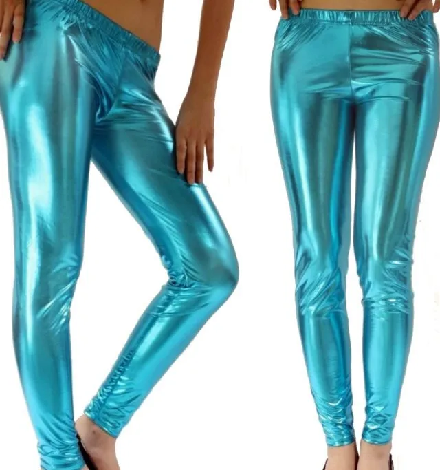 Plus Size Latex Metallic Leggings Candy color Faux Leather Legging Mid Waist Ankle Length Pants Women legging Black / Gold