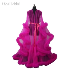 Fuchsia Feather Tulle  Evening Dress Long Sleeve Robe Scarf Party Gown School Dancing Wear