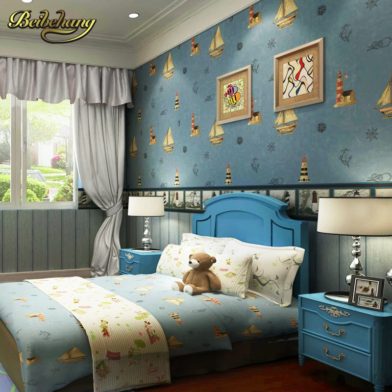 beibehang papel de parede Sailing Mediterranean style children's bedroom wallpaper wallpaper green light blue cloth anyway