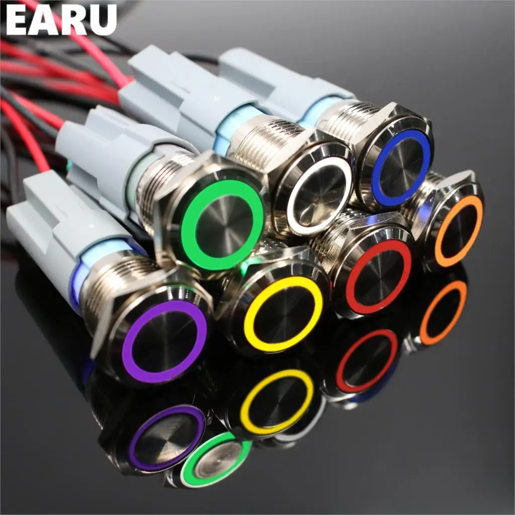 16mm Metalowy okrągły przełącznik przyciskowy Pierścień LED 5-380V 12V 6V Samoblokujący chwilowy zatrzask Wodoodporny silnik samochodowy Czerwony Niebieski PC