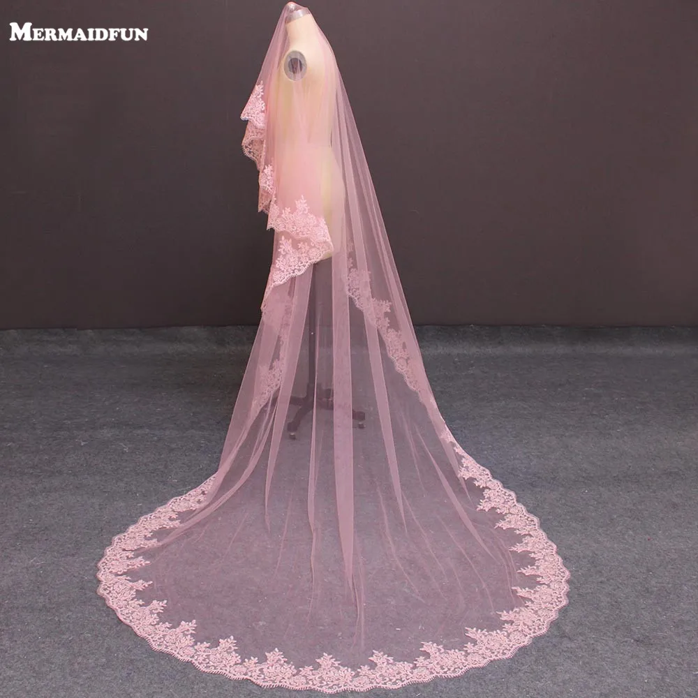 Real Images One Layer Lace Edge Cover Face Pink Tulle Wedding Veil WITHOUT Comb Long Bridal Veil Wedding Accessories