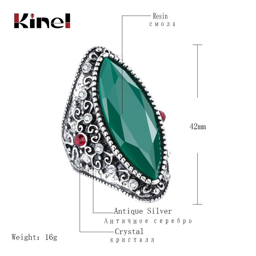 Kinel 2019 New Geometric Green Stone Rings For Women With White Rhinestones Vintage Jewelry Silver Color Antique Ring