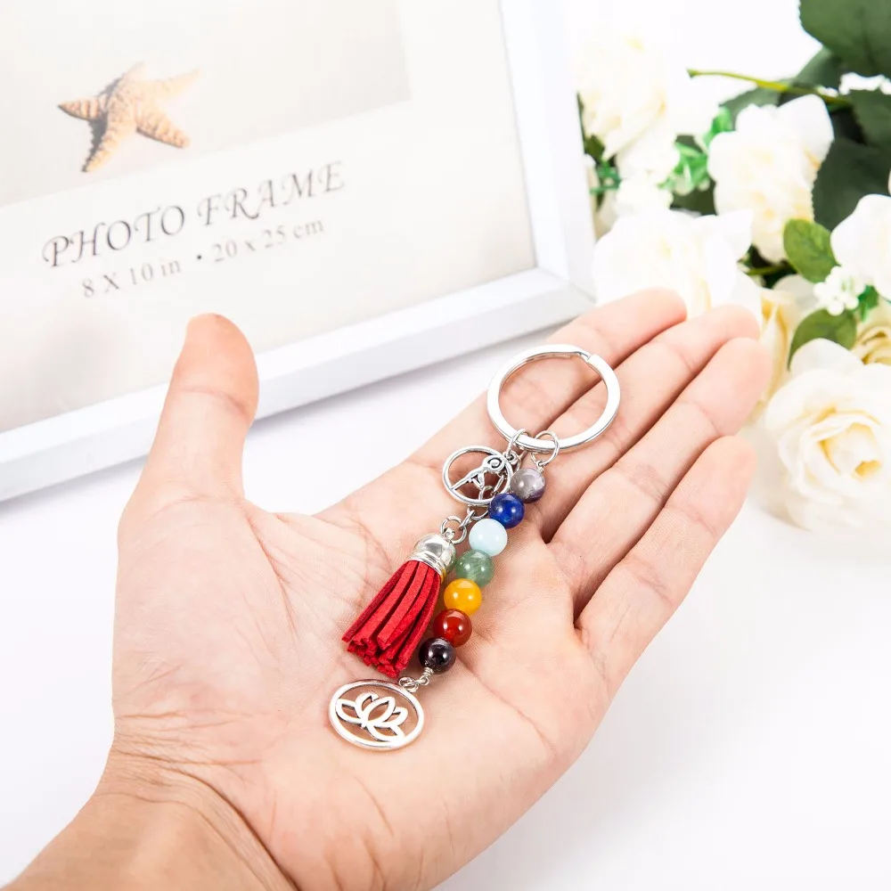 Chakra Sleutelhanger Kleurrijke Steen Kralen 7 Chakra Yoga Fitness Sleutelhangers Lotus Kwast Sleutelhangers Mode Sieraden