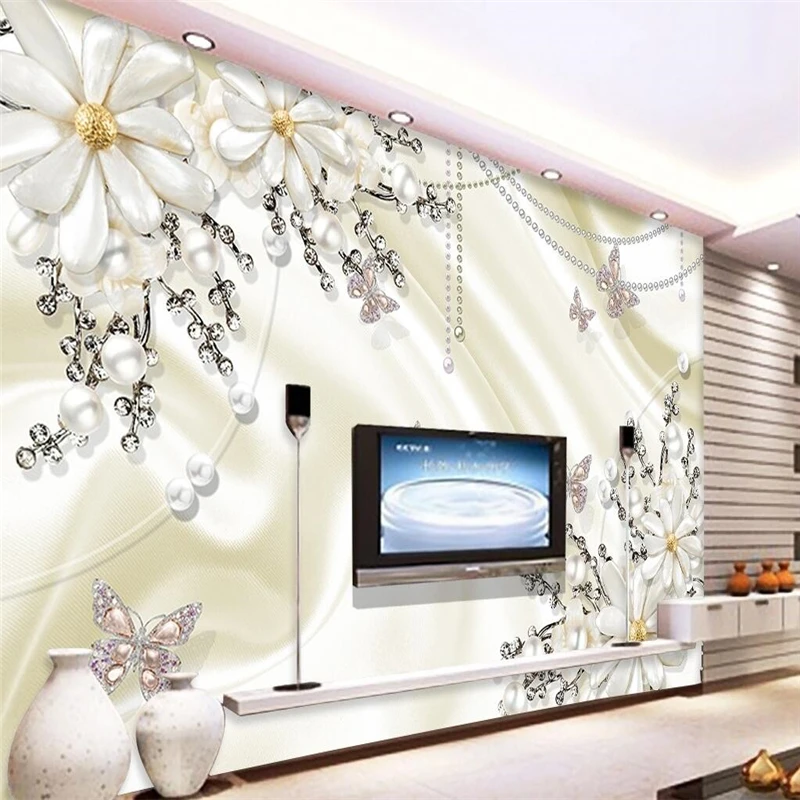 

beibehang Custom Photo Wallpaper Sticker Pearl Diamond Inlaid Flower Butterfly Love TV Background Wall papel de parede