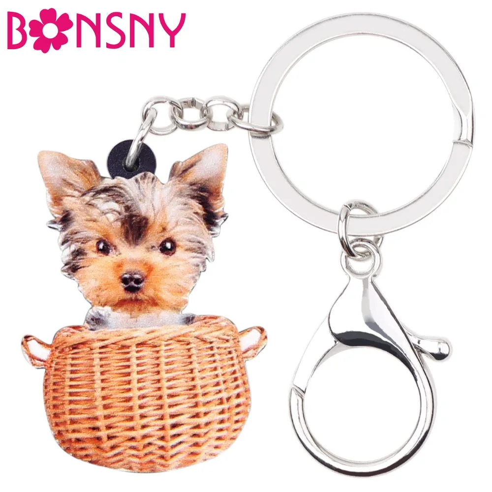 Bonsny Acrylic Basket Yorkshire Dog Key Chains Keychains Rings Cute Animal Jewelry For Women Girls Bag Car Pendant Charms Gift