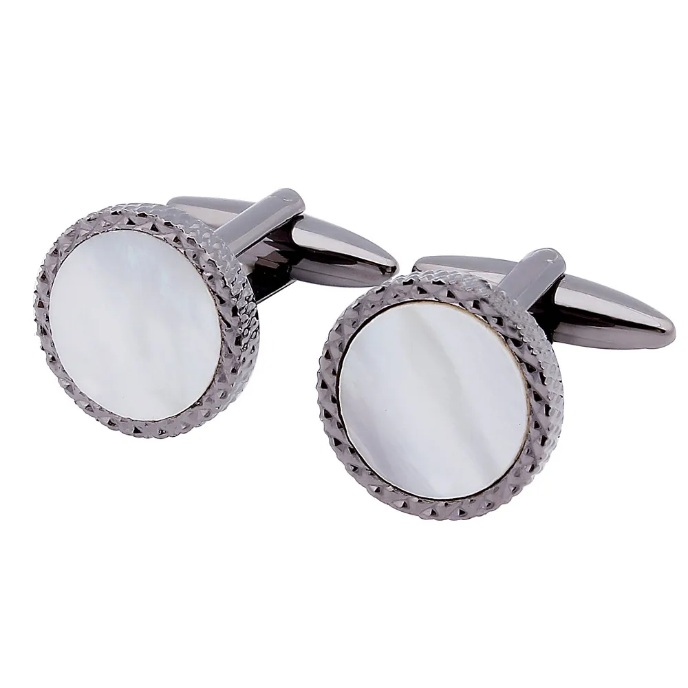 Mother of Pearl Cufflinks for Men Wedding Dress Trendy Gun Metal Plated Round Cuff links 2 Button Best Gift for Husband