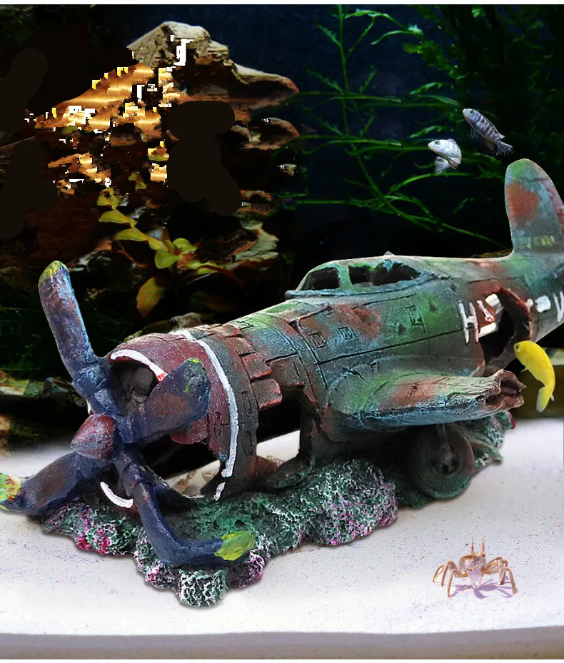 Resin Fish Tank Ornament Cave Aquarium Decoration Damaged Battleplane Plane