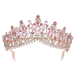 Baroque Retro Pink Crystal Bridal Tiaras Crown With Comb Pageant Diadem Rhinestone Veil Tiara Headband Wedding Hair Accessories