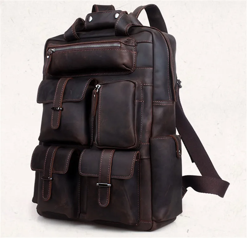 Vintage New 2016 Men\'s Genuine Leather Backpack Men Crazy Horse Leather Backpack Male School Backpack Book Bags Travel Backpacks