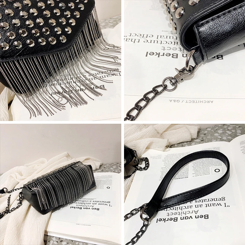 JIEROTYX Fashion Tassel Diamonds Brand Design Mini Chain Shoulder Bag Crossbody Black Leather Rivets Female Bolsa Sac A Main