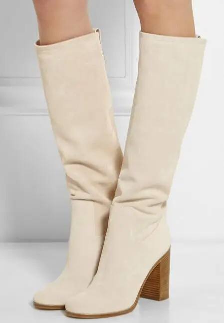 

Beige color thick high heels slip-on knee high boots for woman fall winter suede motorcycle boots round toe long boots