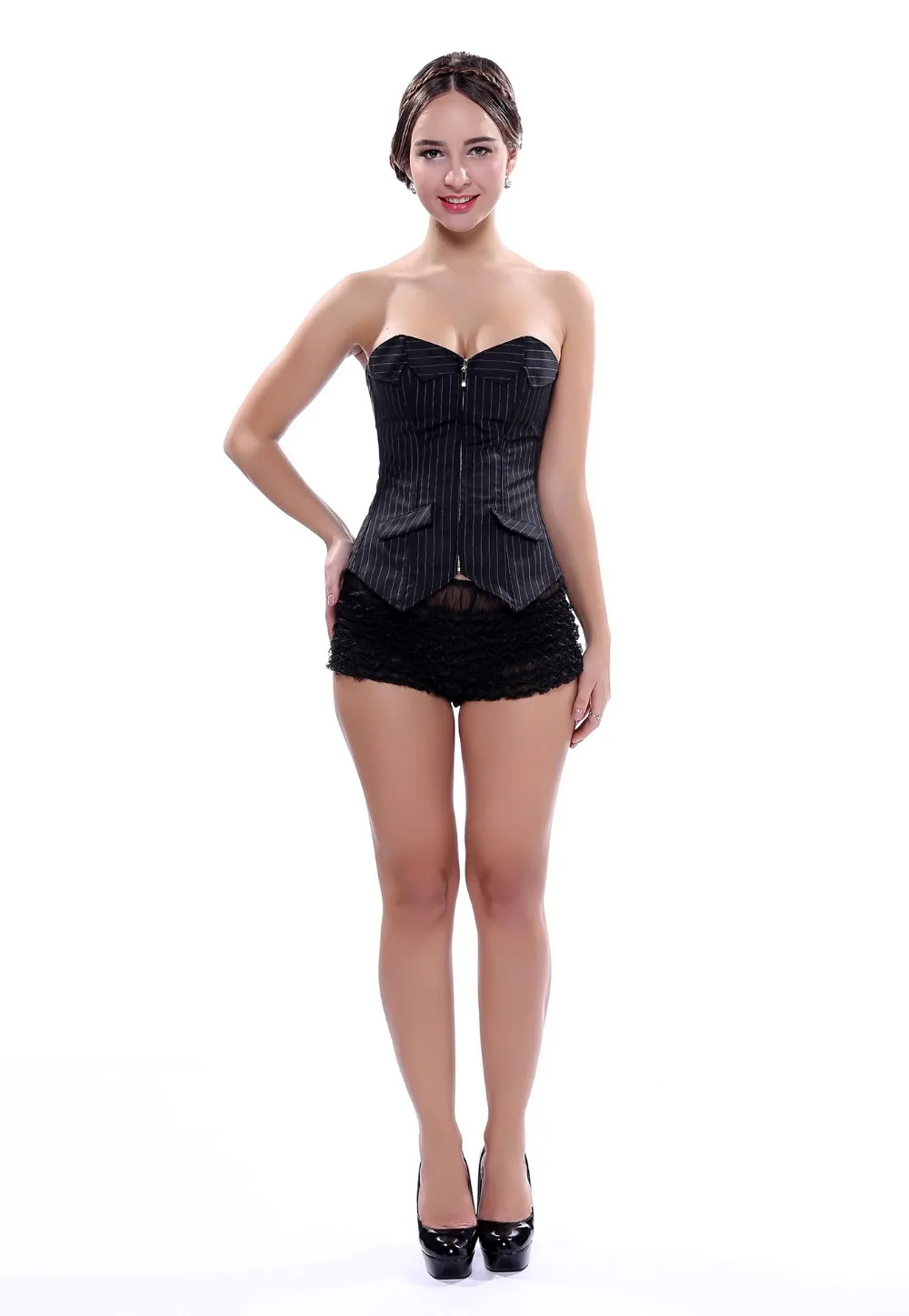 Fashion Sexy Black Striped Overbust Corset Office Lady Corselet Sexy Women Zip Corset Bustier Strapless Tops Costume Plus Size