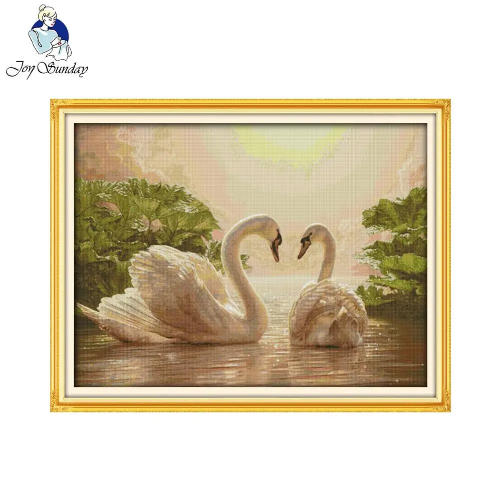 Joy Sunday DIY Needlework Chinese Cross Stitch Sets for Embroidery Kits Two Swans Patterns Printed Counted Cross-Stitching