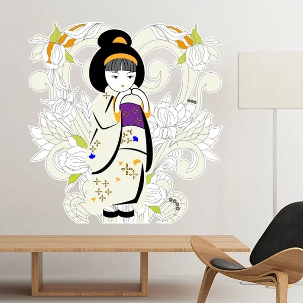 Japan Culture Cute Kimono Girl Japanese Chrysanthemum Removable Wall Sticker Art Decals Mural DIY Wallpaper for Room Decal