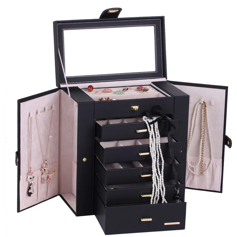 Extra Large Black Jewelry Box Mirrored Jewellery Cabinet Portable Trinkets Display Armoire Luxury PU Bracelets Necklaces Cases