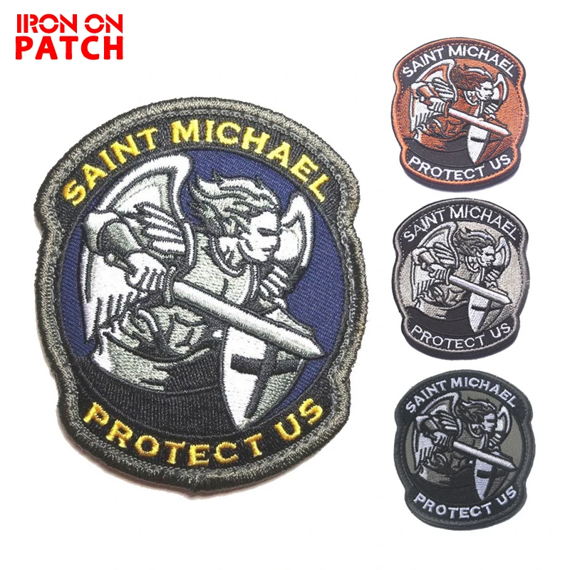 Saint Michael Protect Us Patch Saint Michael ยุทธวิธี Combat 3D ป้ายปักสำหรับหมวก Applique ทหาร Armband Patch