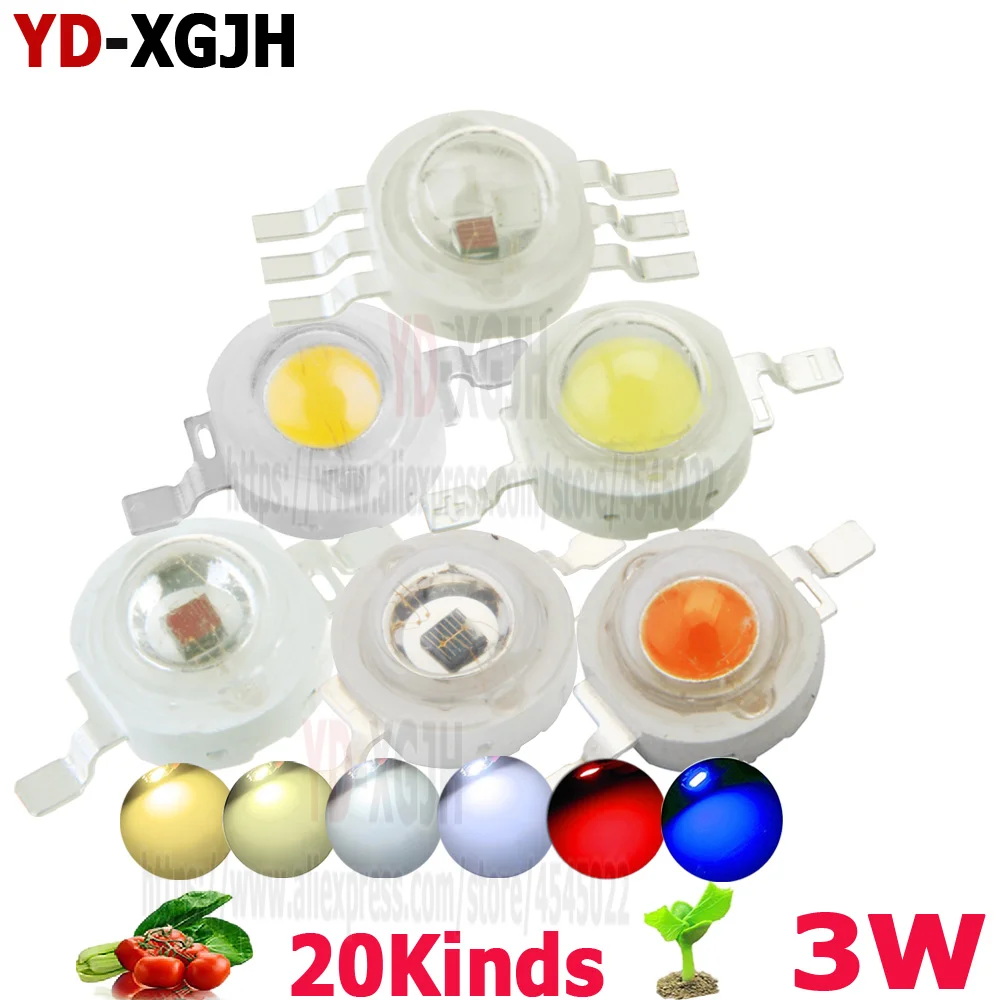 

50p 3W LED Chip Warm/Cool White Red Blue Green Yellow UV IR Full Spectrum 660nm 440nm COB Grow Lamp light For 3W Light Beads