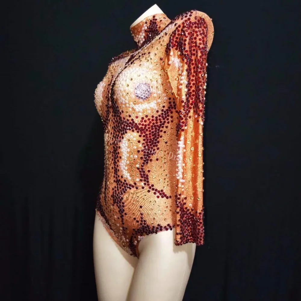 Sparkly Contas AB Laranja Bodysuit Sexy Grande Trecho Roupa Boate Brilhando Strass Traje DS Cantora Dança Collant