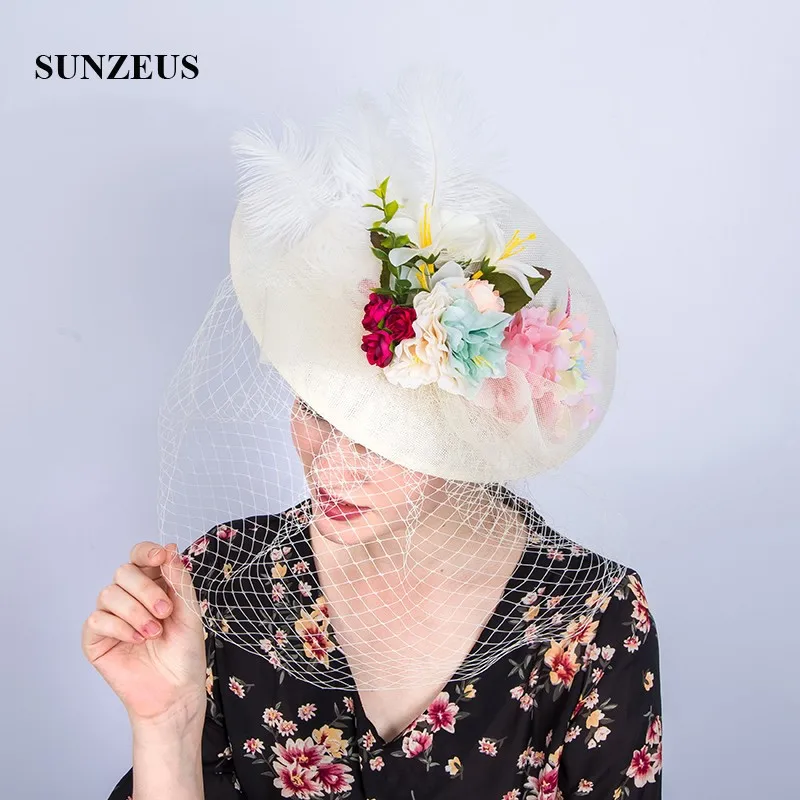 Handmade Flowers Bridal Hat with Face Veil Linen Hat Elegant Ladies Wedding Hat Ivory Feathers Fascinators Headwear  SH91