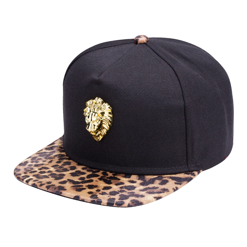 Metal Gold Lion Head  Baseball Cap Cotton Blue Red Hip Hop Rap 5 Panel Snapback Flat Brimmed Hat Women Men