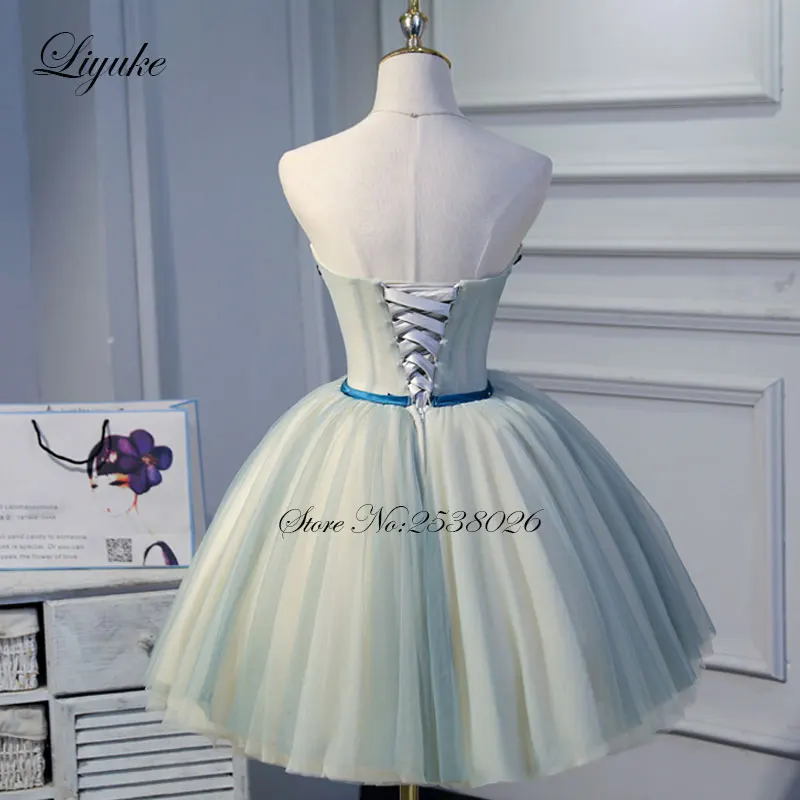 Liyuke Heart Appliques On Bust Part With Belt Prom Dress  A Line Strapless Party Dress Knee-Length Dress