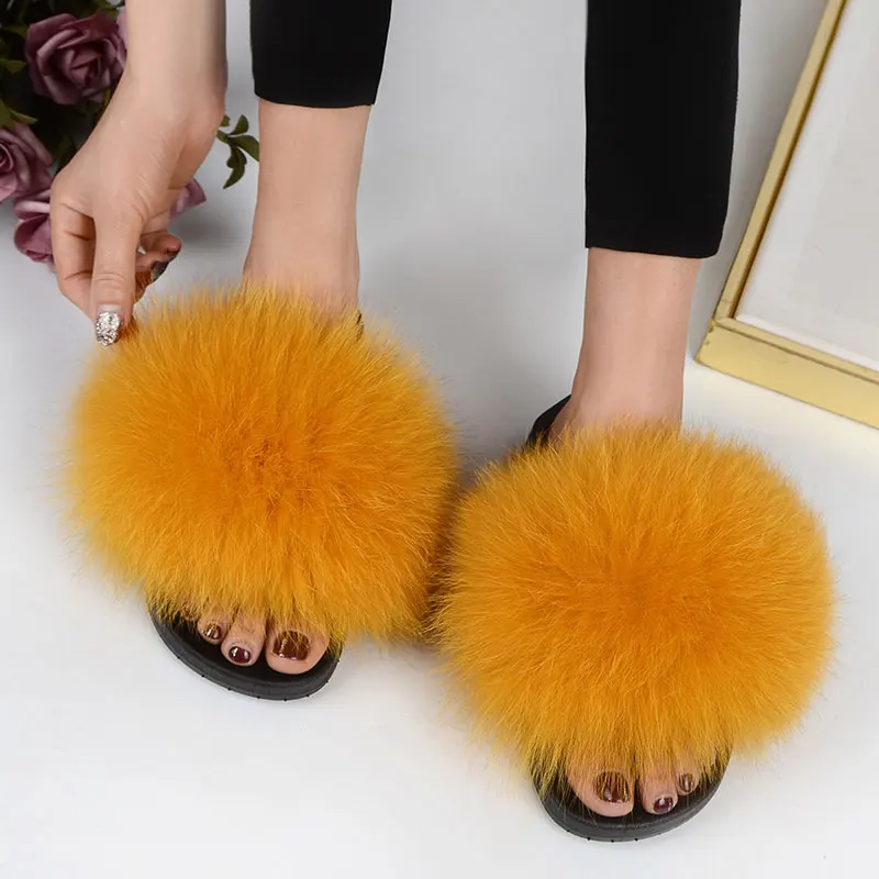 Real Fox Fur Slides Plus Size Summer 2021 Open Toe Fluffy Real Hair Slippers Casual Black Slip On Flip Flops Furry Shoes